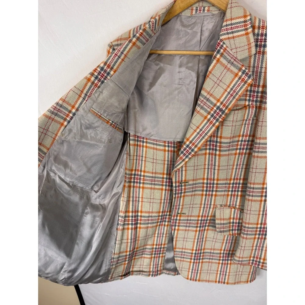 Vintage Plaid Blazer Jacket Orange Grey Beige Check Two Button Sport Coat 38 70s